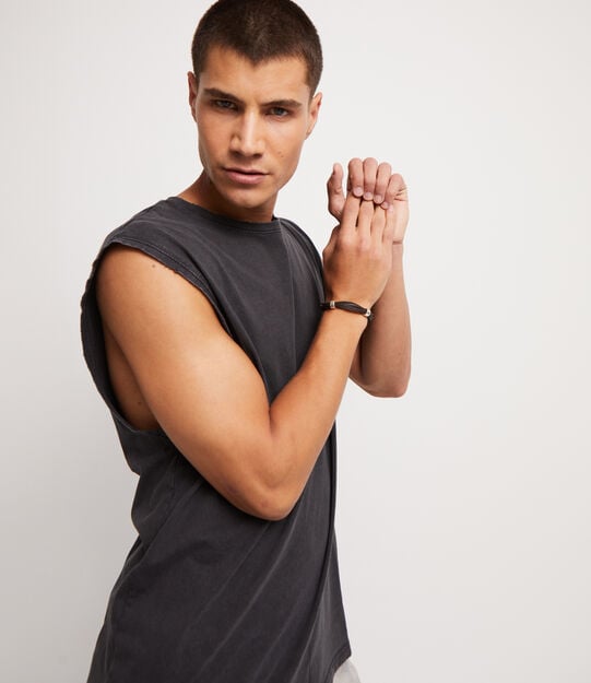 Bracelet en cuir avec 2 circonf&eacute;rences plaqu&eacute;es argent, Argent, large